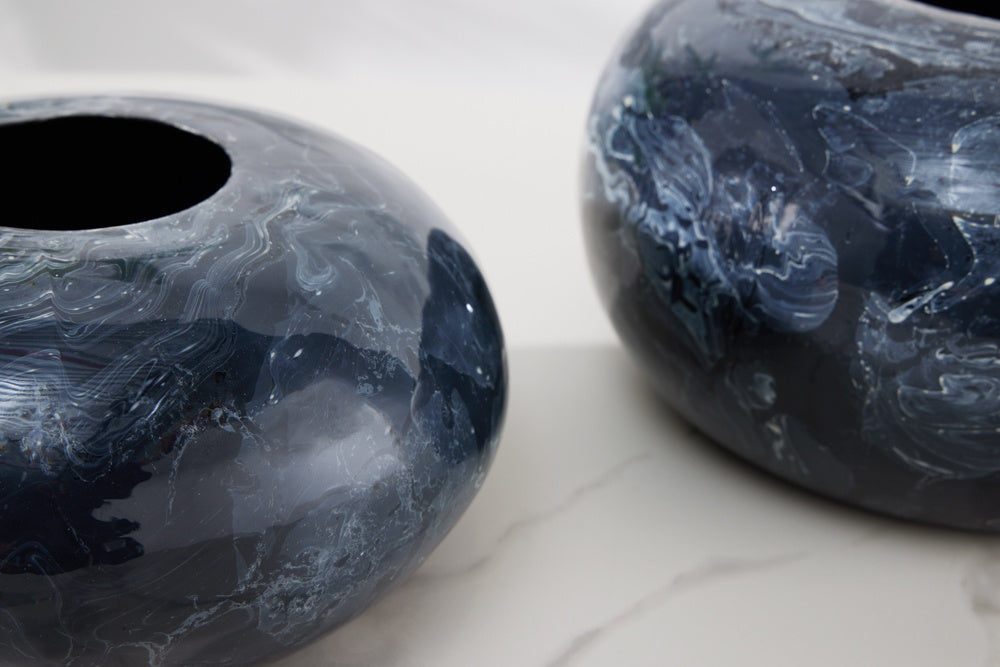 Set de 2 vases design STONE 25cm noir marbré fait main - 43186