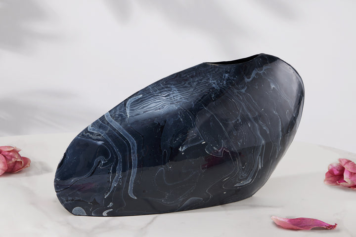 Vase décoratif STONE 40cm noir marbré fait main design rétro - 43187