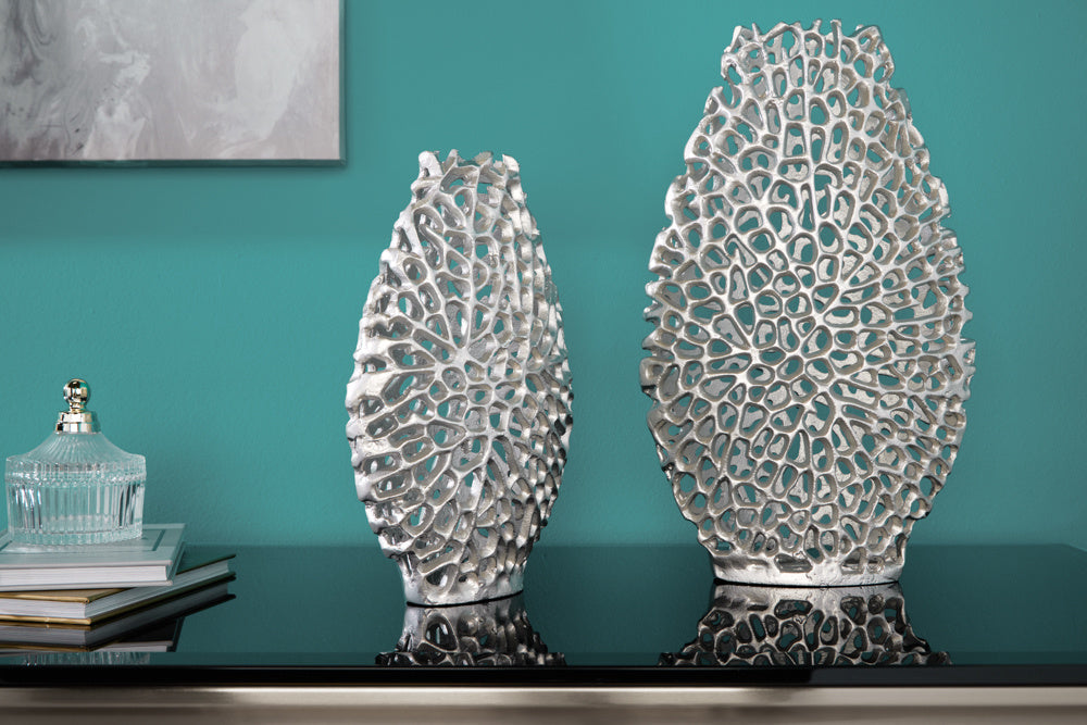 Vases en filigrane lot de 2 FEUILLE ABSTRAITE 40cm vase à fleurs fait main en métal argenté - 43189
