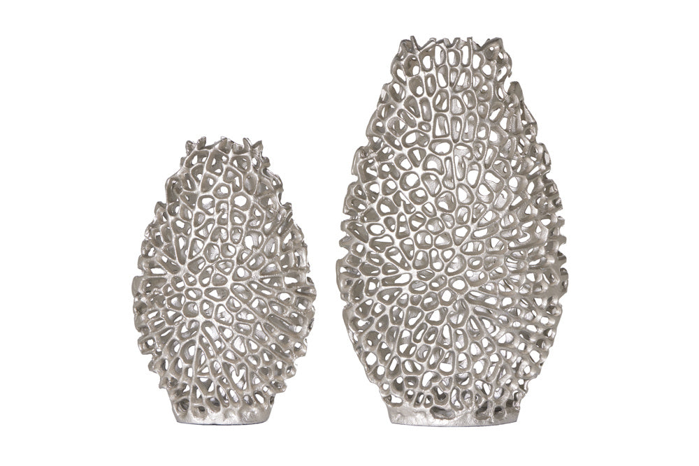 Vases en filigrane lot de 2 FEUILLE ABSTRAITE 40cm vase à fleurs fait main en métal argenté - 43189