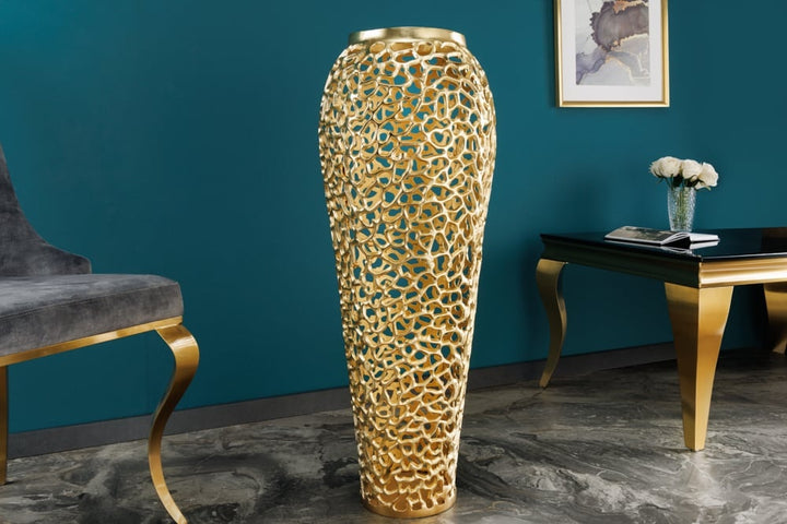 Vase XXL design filigrane FEUILLE ABSTRAITE 90cm or fait main - 43220