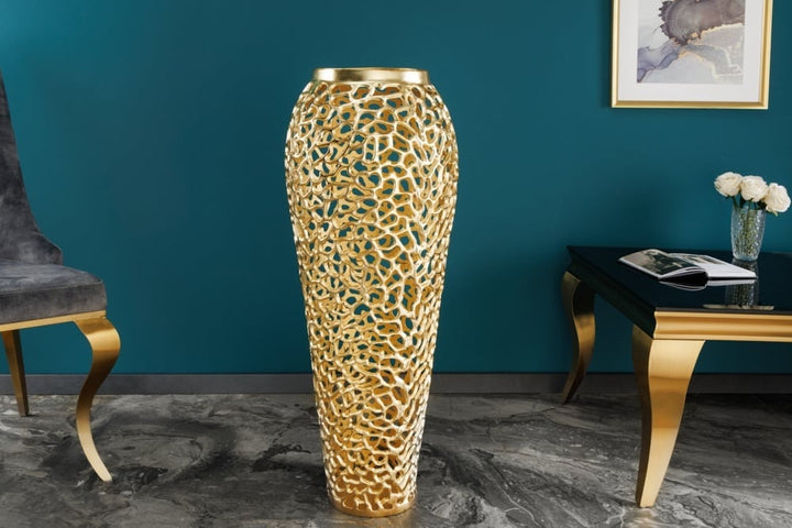 Vase XXL design filigrane FEUILLE ABSTRAITE 90cm or fait main - 43220