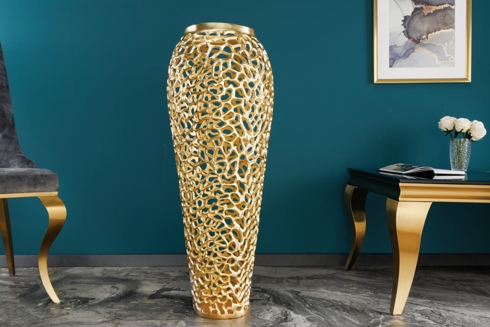 Vase XXL design filigrane FEUILLE ABSTRAITE 90cm or fait main - 43220