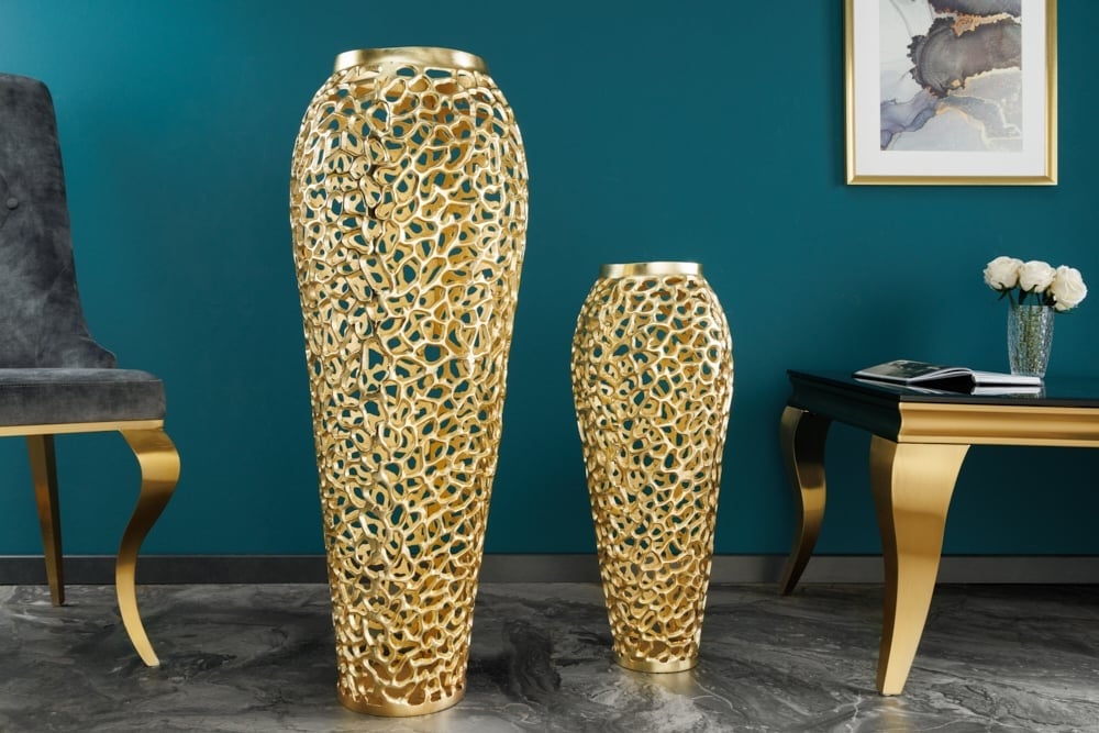 Vase XXL design filigrane FEUILLE ABSTRAITE 90cm or fait main - 43220