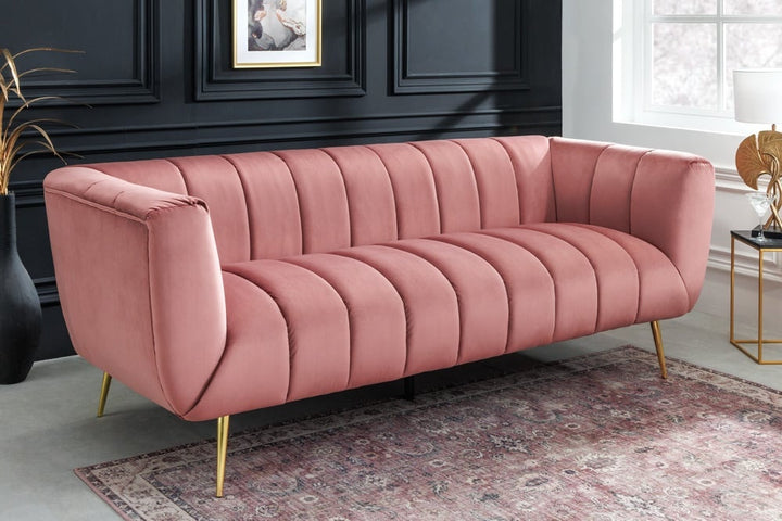Canapé rétro 3 places NOBLESSE 225cm velours vieux rose 3 places avec matelassage décoratif - 43264
