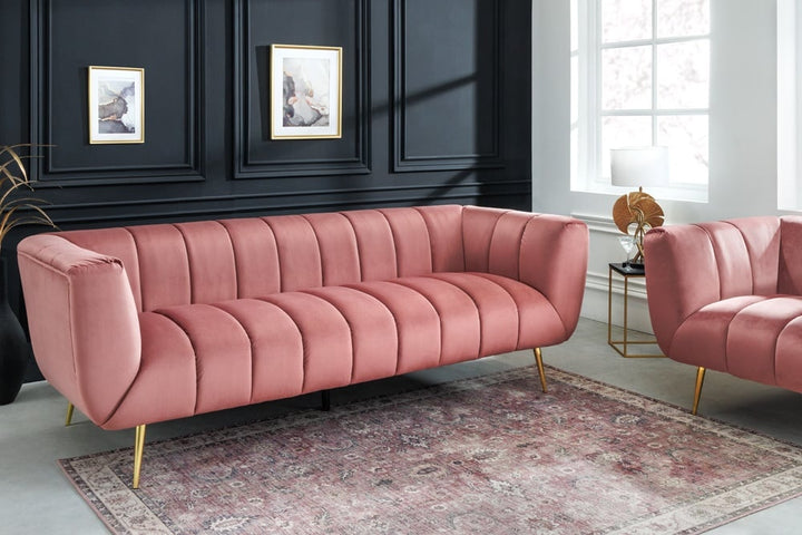 Canapé rétro 3 places NOBLESSE 225cm velours vieux rose 3 places avec matelassage décoratif - 43264