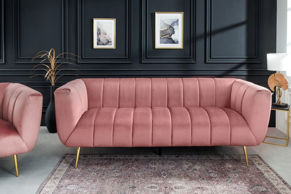 Canapé rétro 3 places NOBLESSE 225cm velours vieux rose 3 places avec matelassage décoratif - 43264