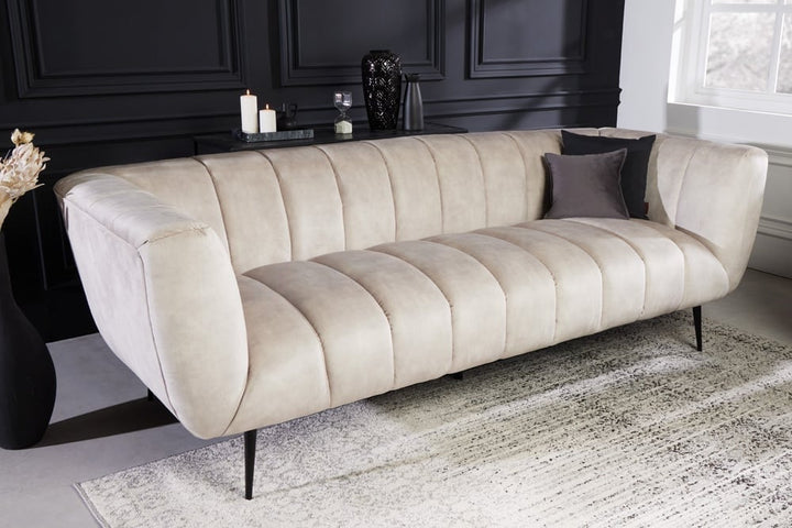 Canapé rétro 3 places NOBLESSE 225cm velours champagne 3 places avec matelassage décoratif - 43266