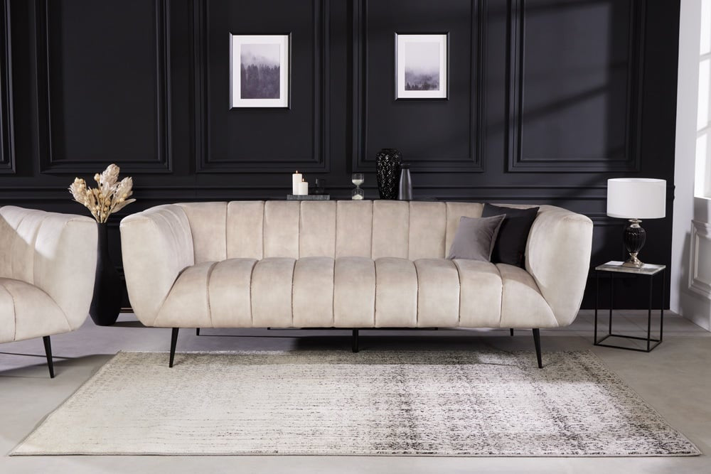 Canapé rétro 3 places NOBLESSE 225cm velours champagne 3 places avec matelassage décoratif - 43266