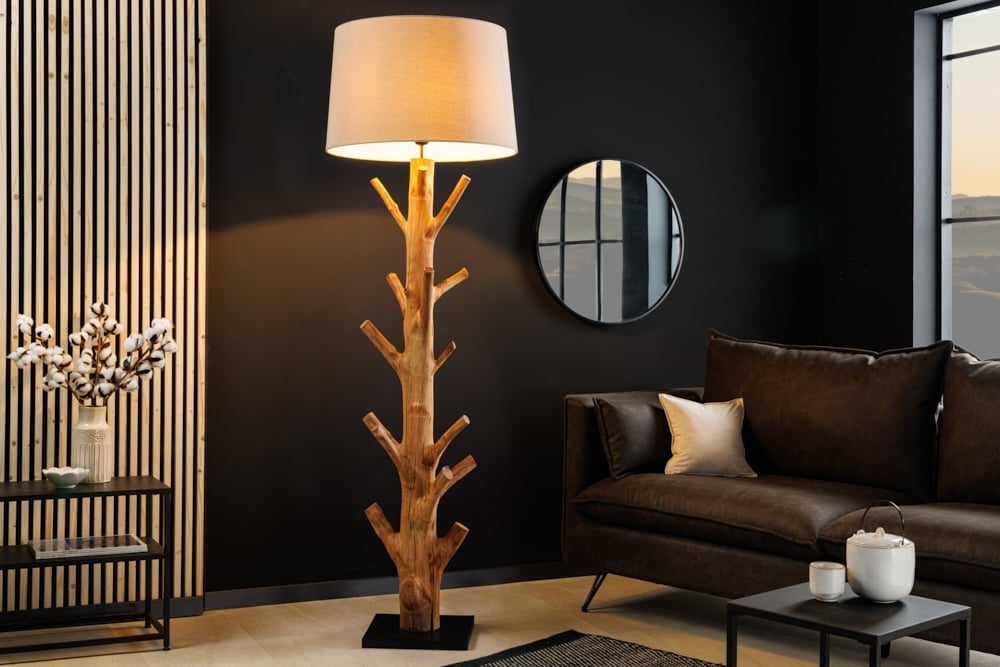 Lampadaire design TREE NATURE 180cm bois massif abat-jour lin fait main - 43323