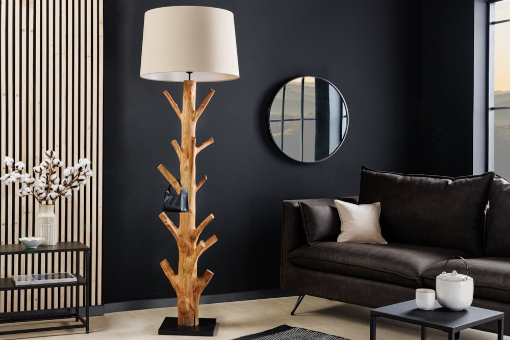 Lampadaire design TREE NATURE 180cm bois massif abat-jour lin fait main - 43323
