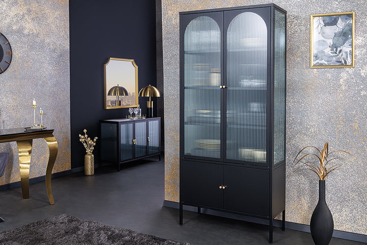 Vitrine moderne PARIS 180 cm meuble haut en métal nervuré noir doré - 43330