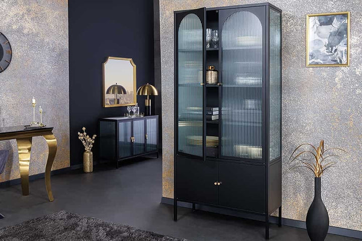 Vitrine moderne PARIS 180 cm meuble haut en métal nervuré noir doré - 43330