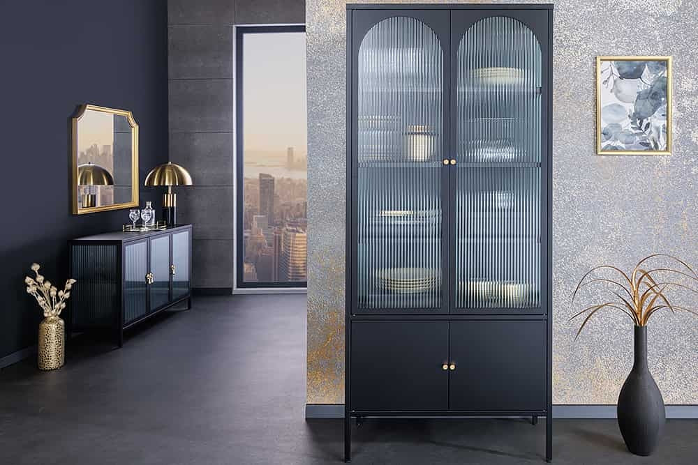 Vitrine moderne PARIS 180 cm meuble haut en métal nervuré noir doré - 43330