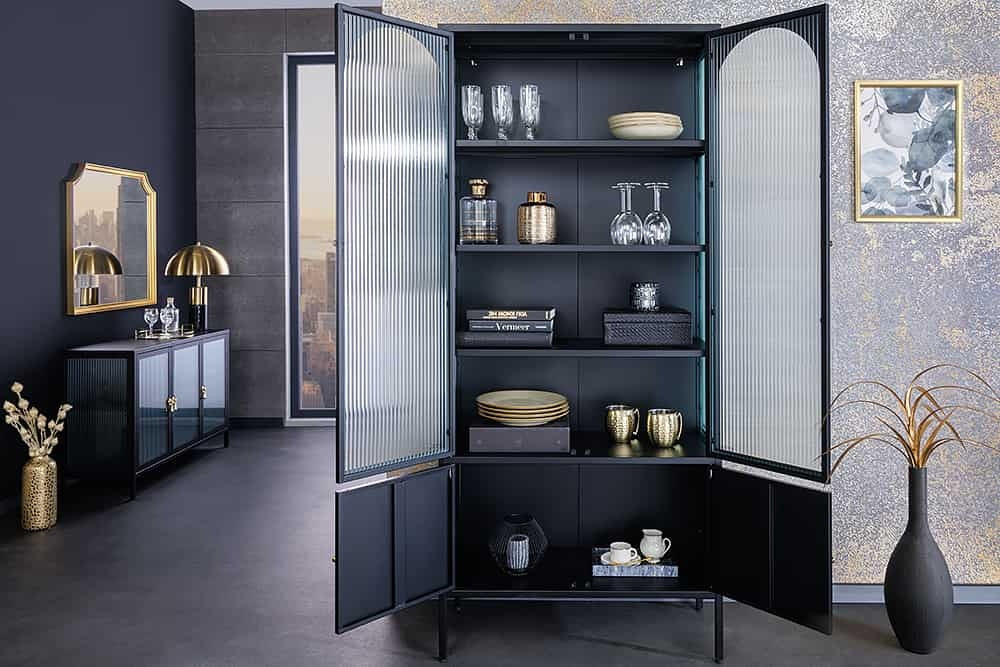 Vitrine moderne PARIS 180 cm meuble haut en métal nervuré noir doré - 43330