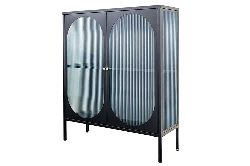 Vitrine moderne PARIS 110cm meuble buffet en verre nervuré noir doré - 43331