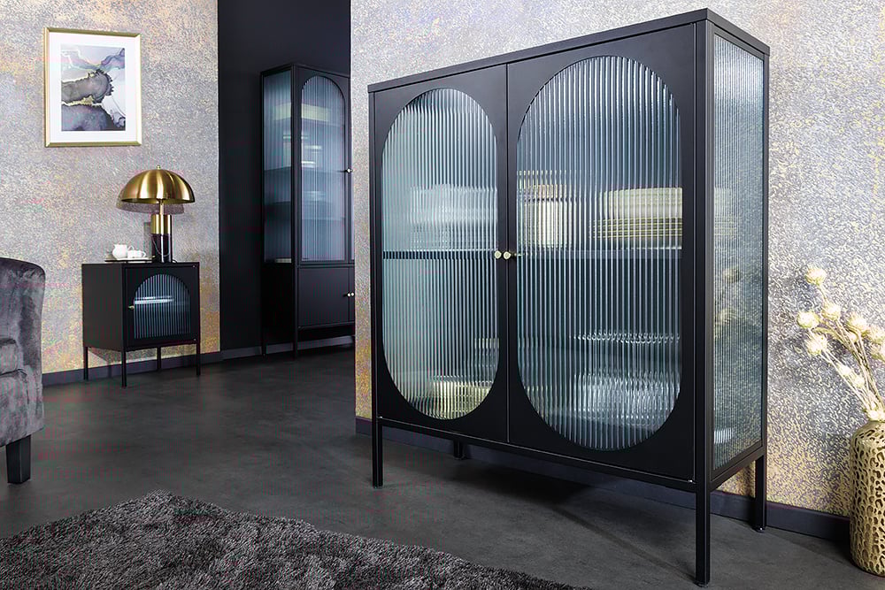 Vitrine moderne PARIS 110cm meuble buffet en verre nervuré noir doré - 43331