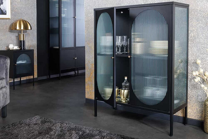 Vitrine moderne PARIS 110cm meuble buffet en verre nervuré noir doré - 43331