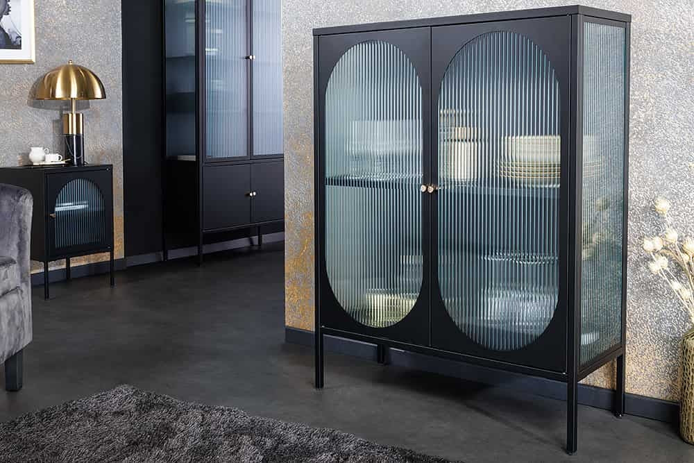 Vitrine moderne PARIS 110cm meuble buffet en verre nervuré noir doré - 43331