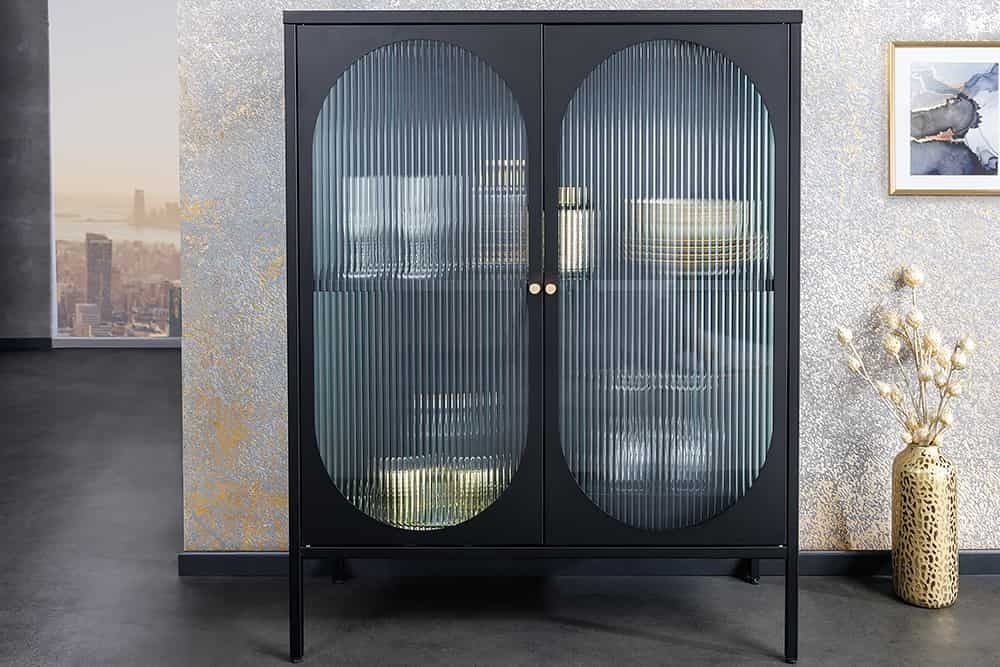 Vitrine moderne PARIS 110cm meuble buffet en verre nervuré noir doré - 43331