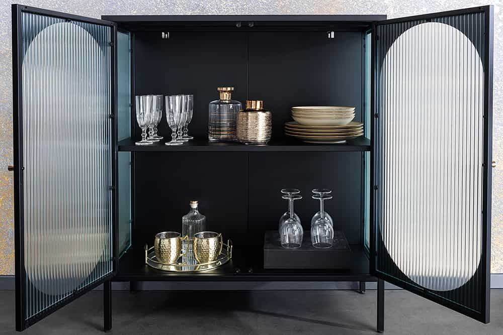 Vitrine moderne PARIS 110cm meuble buffet en verre nervuré noir doré - 43331