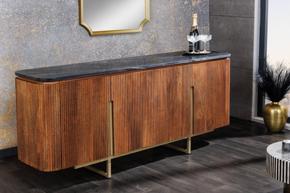 Buffet design GATSBY 160cm marron doré Mangoholz Marmor structure métal - 43336