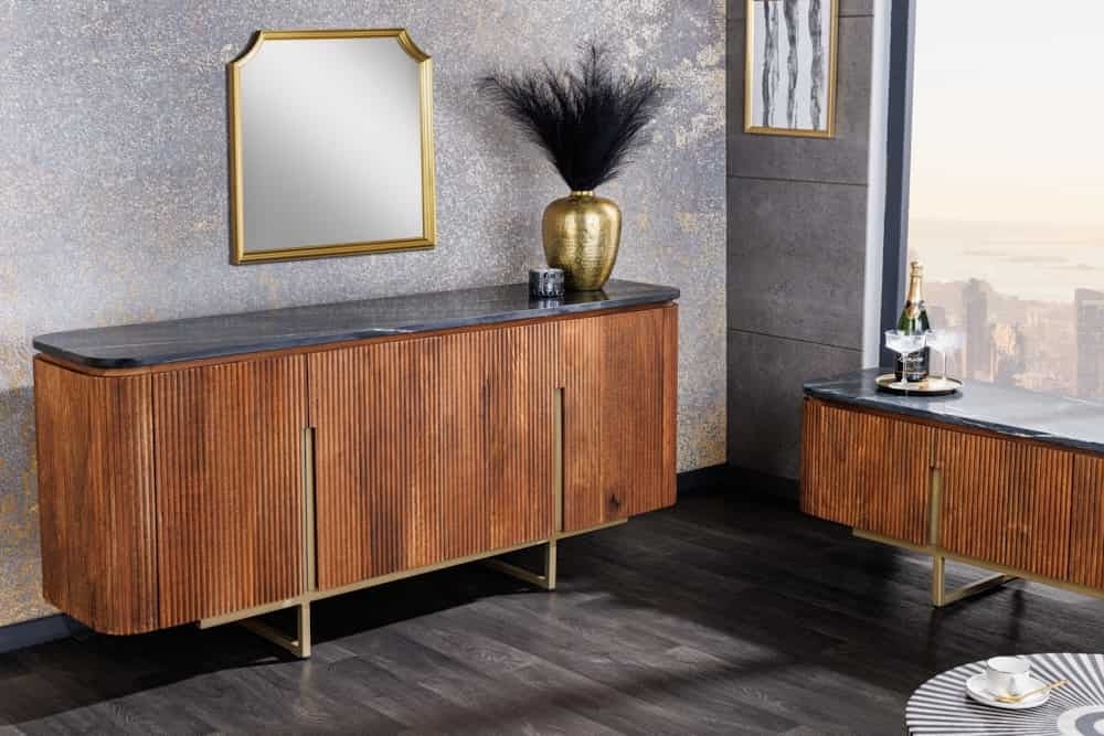 Buffet design GATSBY 160cm marron doré Mangoholz Marmor structure métal - 43336
