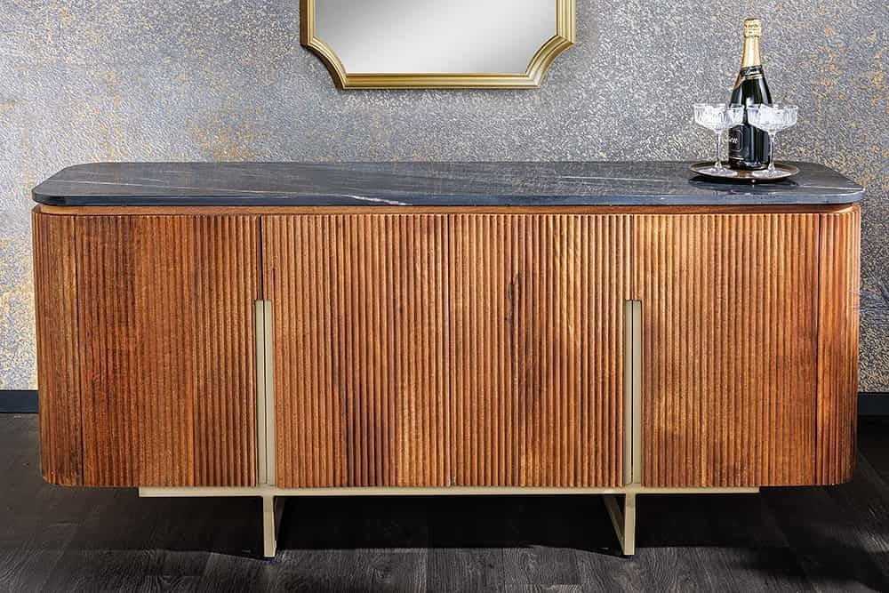 Buffet design GATSBY 160cm marron doré Mangoholz Marmor structure métal - 43336