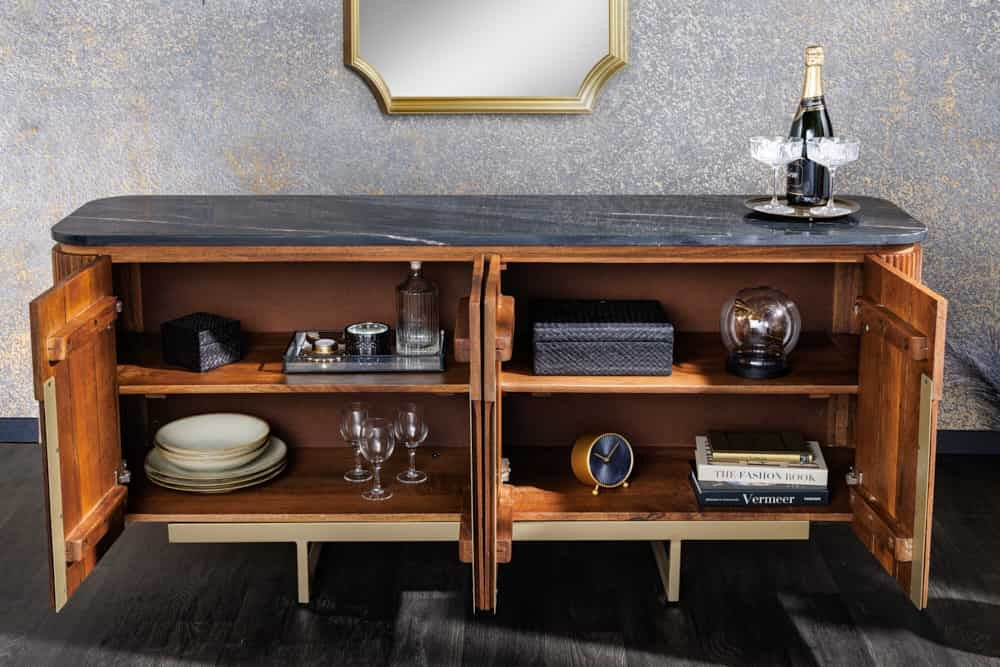 Buffet design GATSBY 160cm marron doré Mangoholz Marmor structure métal - 43336