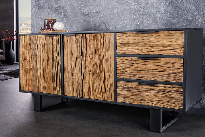 Buffet en bois massif BARRACUDA 150cm teck manguier noir métal recyclé - 43349
