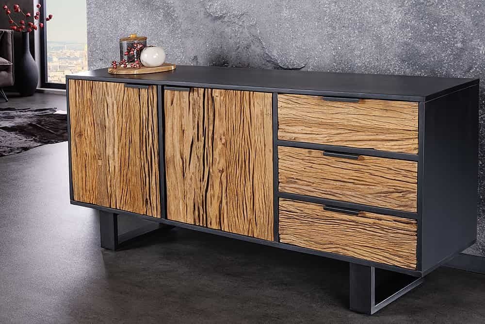 Buffet en bois massif BARRACUDA 150cm teck manguier noir métal recyclé - 43349