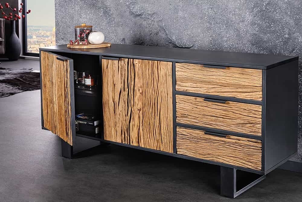 Buffet en bois massif BARRACUDA 150cm teck manguier noir métal recyclé - 43349