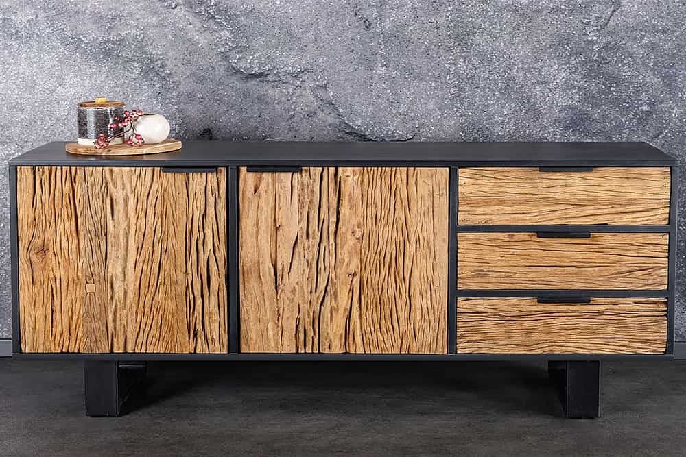 Buffet en bois massif BARRACUDA 150cm teck manguier noir métal recyclé - 43349