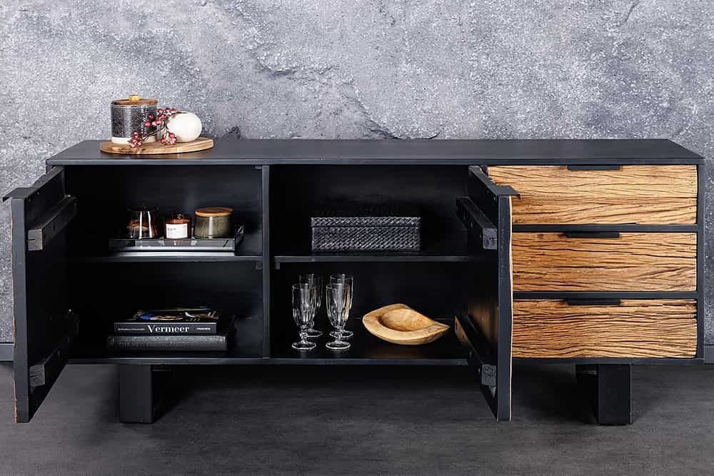 Buffet en bois massif BARRACUDA 150cm teck manguier noir métal recyclé - 43349