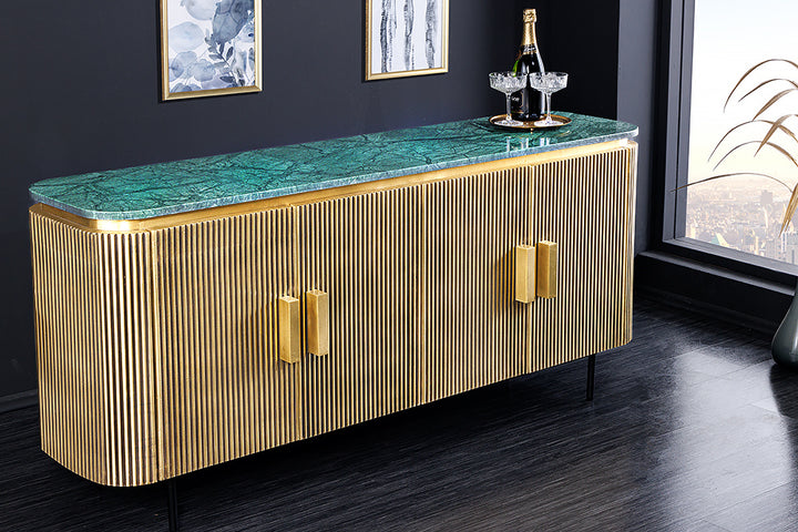 Buffet design VENEZIANO 160cm laiton dessus marbre vert manguier rétro - 43350