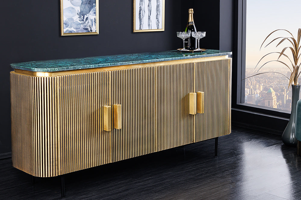 Buffet design VENEZIANO 160cm laiton dessus marbre vert manguier rétro - 43350