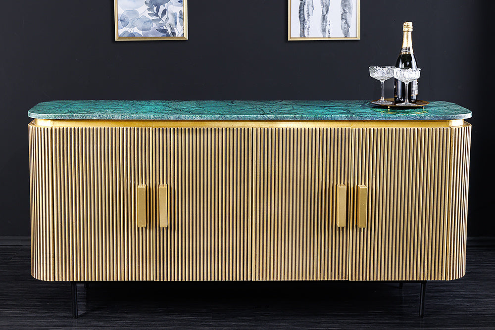 Buffet design VENEZIANO 160cm laiton dessus marbre vert manguier rétro - 43350