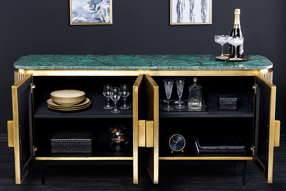 Buffet design VENEZIANO 160cm laiton dessus marbre vert manguier rétro - 43350