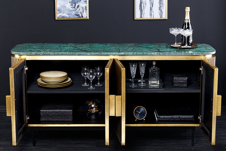 Buffet design VENEZIANO 160cm laiton dessus marbre vert manguier rétro - 43350