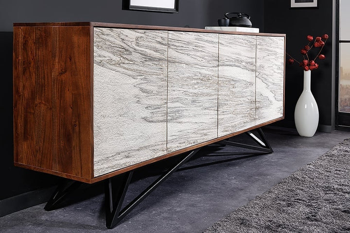 Buffet en bois massif MOUNTAIN SOUL 175cm véritable pierre naturelle design marbre acacia blanc - 43379