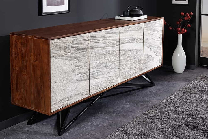 Buffet en bois massif MOUNTAIN SOUL 175cm véritable pierre naturelle design marbre acacia blanc - 43379