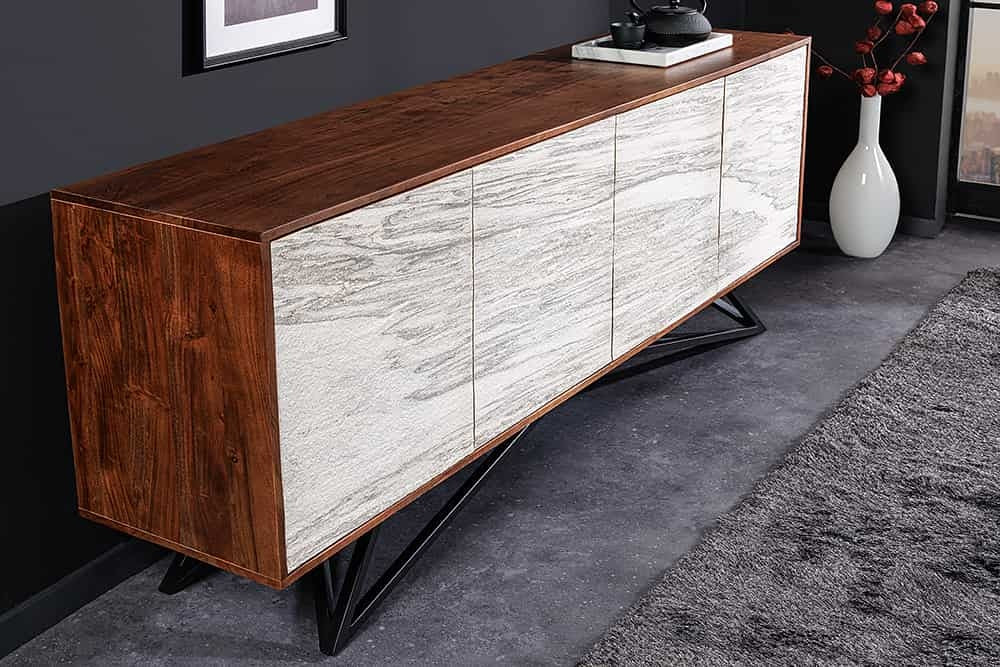 Buffet en bois massif MOUNTAIN SOUL 175cm véritable pierre naturelle design marbre acacia blanc - 43379