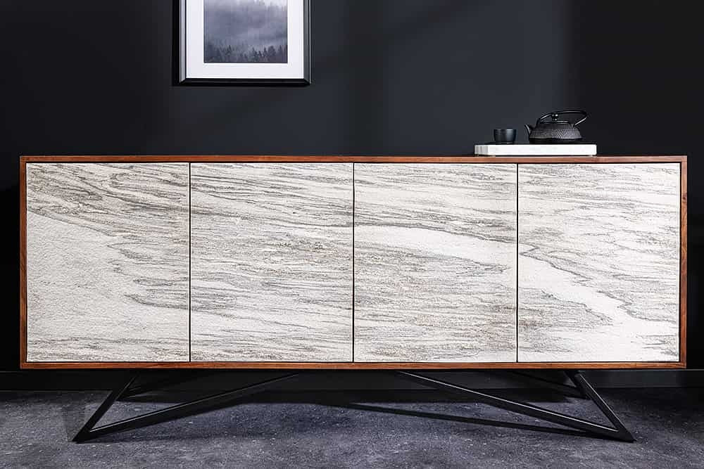 Buffet en bois massif MOUNTAIN SOUL 175cm véritable pierre naturelle design marbre acacia blanc - 43379
