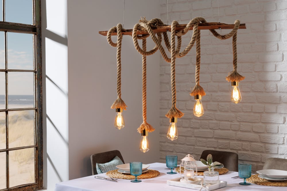 Lampe à suspension maritime SEVEN SEAS II 90cm lampe corde en bois massif 5 lumières - 43407