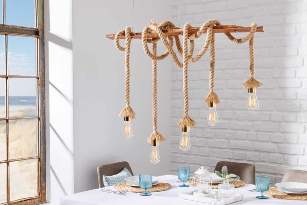 Lampe à suspension maritime SEVEN SEAS II 90cm lampe corde en bois massif 5 lumières - 43407