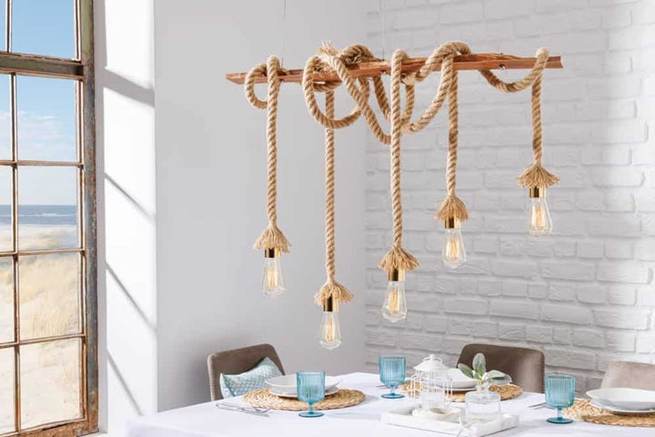 Lampe à suspension maritime SEVEN SEAS II 90cm lampe corde en bois massif 5 lumières - 43407