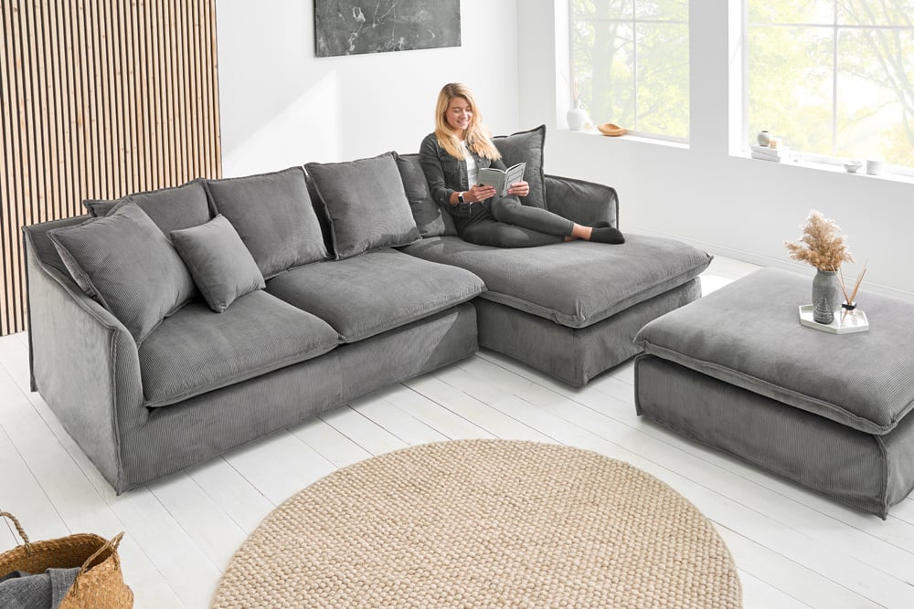 Grand canapé d'angle HEAVEN 255cm cordon gris avec coussins Design Moderne - 43445