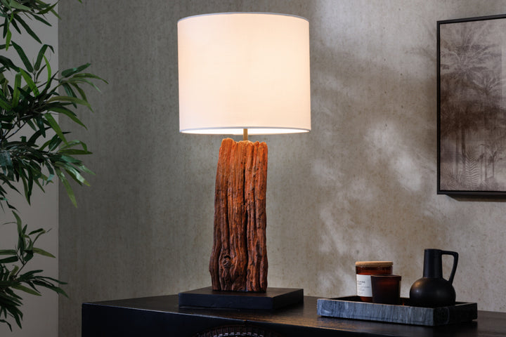 Lampe de table design ROUSILIQUE 60cm bois flotté rond blanc naturel fait main - 43451