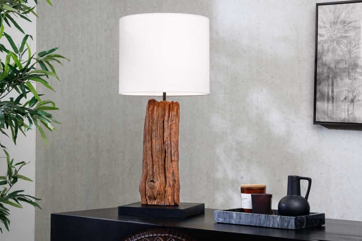 Lampe de table design ROUSILIQUE 60cm bois flotté rond blanc naturel fait main - 43451