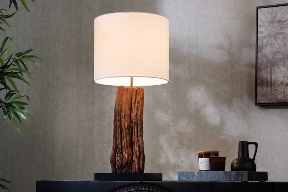 Lampe de table design ROUSILIQUE 60cm bois flotté rond blanc naturel fait main - 43451
